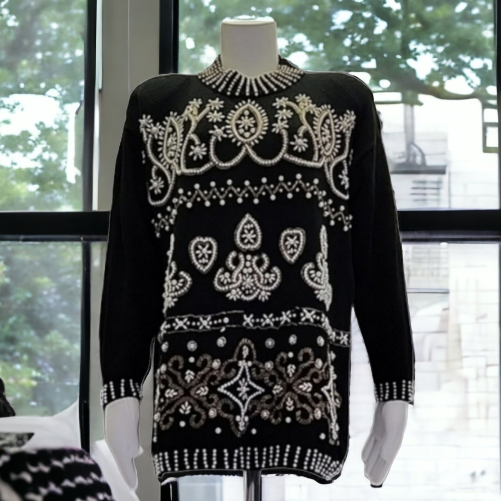 VINTAGE 1980s Margules Beaded Pearl Sweater S Oversized Holiday Christmas Glam - Picture 3 of 17